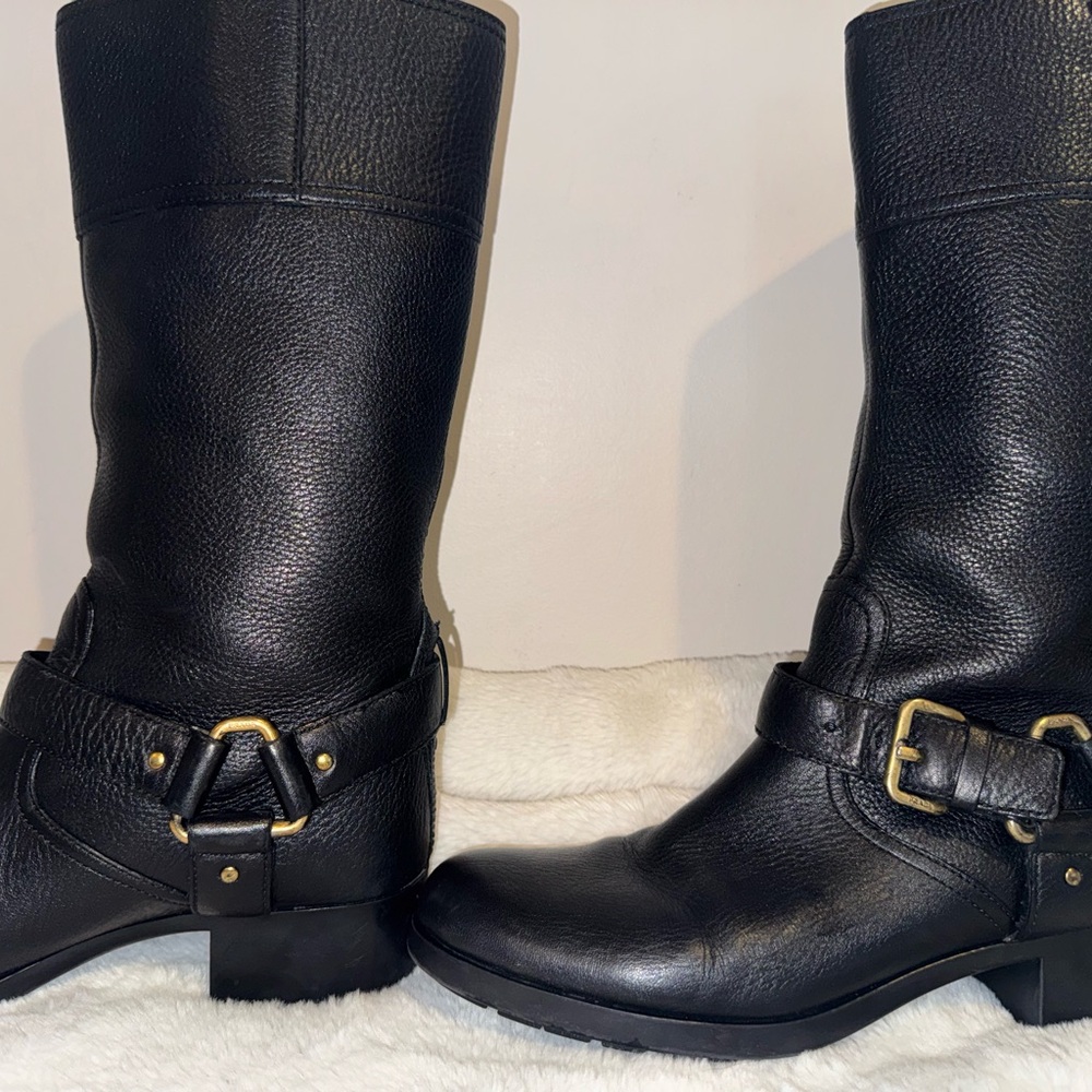 Prada Black Leather Ankle Boots with Gold Accents